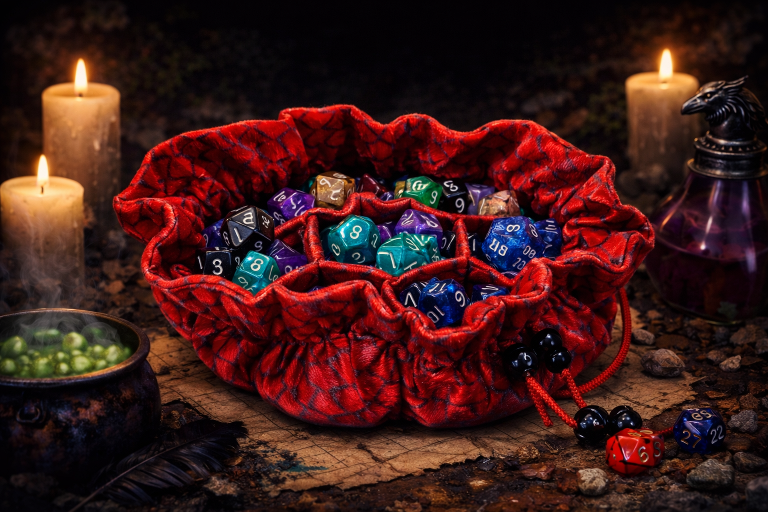Dragon Storm Velvet Compartment Dice Bag: Red Dragon Scales-1
