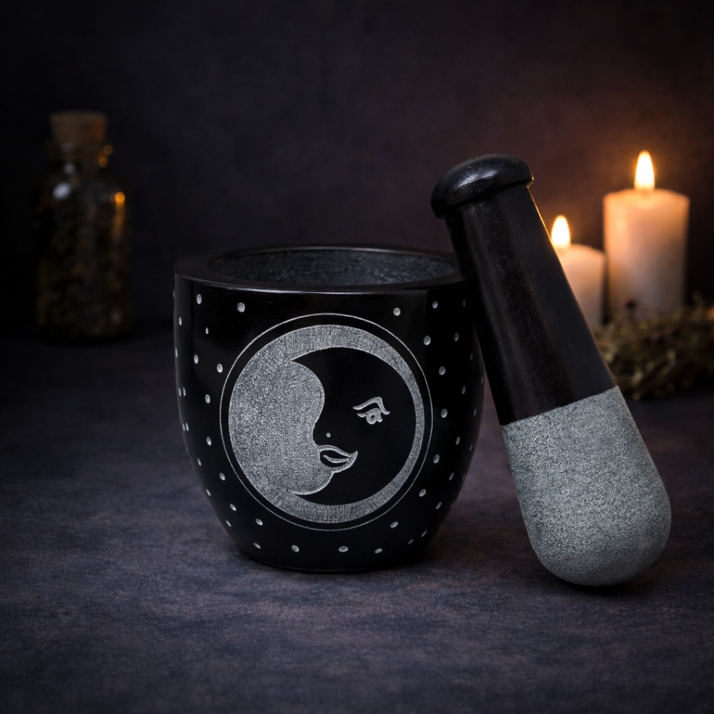 Moon Carved Black Soap Stone Mortar & Pestle-1