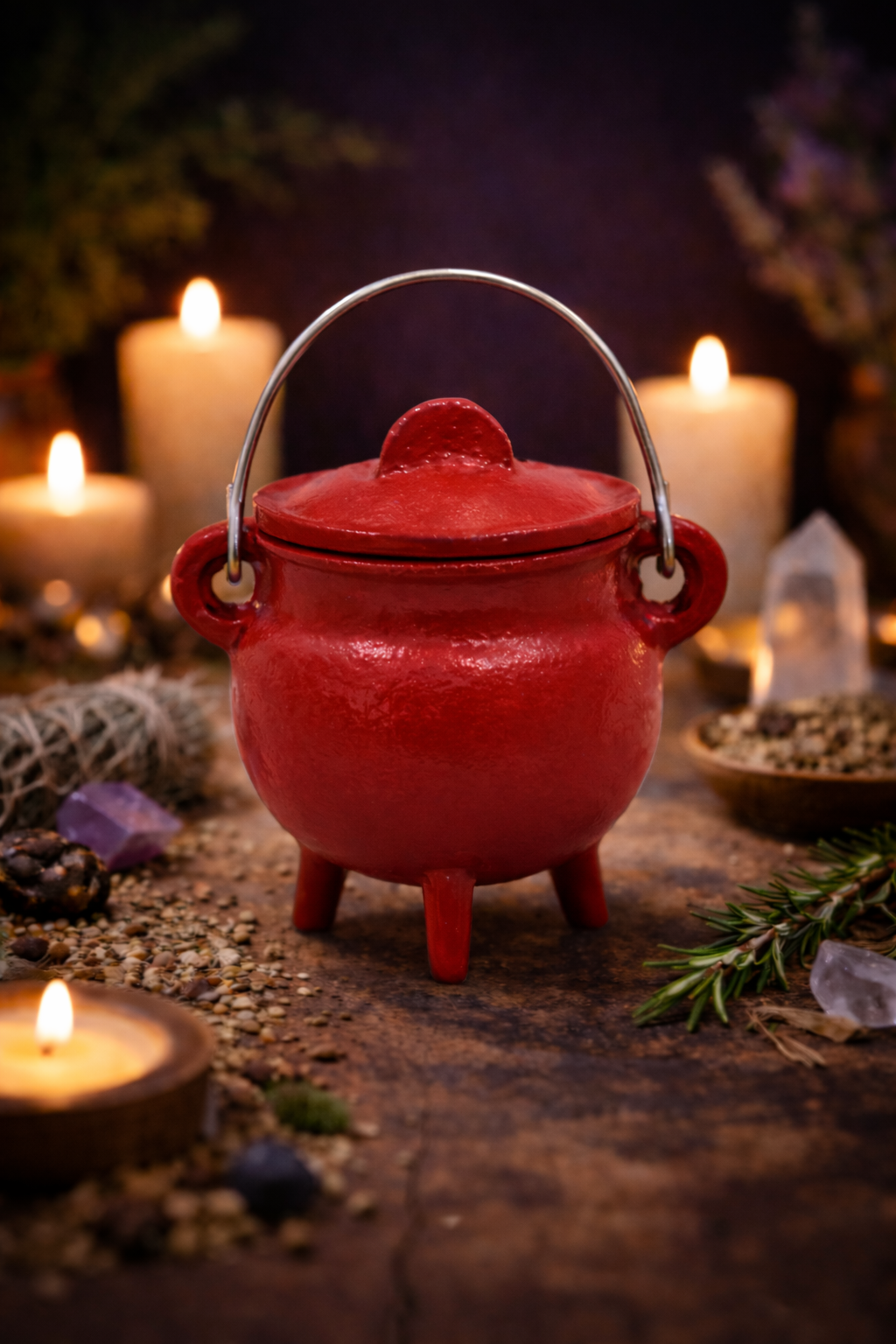 Red Cast Iron Cauldron w/lid 3"H 2.75"D-1