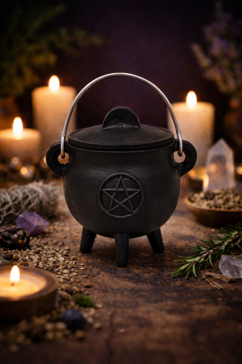 Pentagram Cast Iron Cauldron with Lid 4.25"D x 4.25"H-1