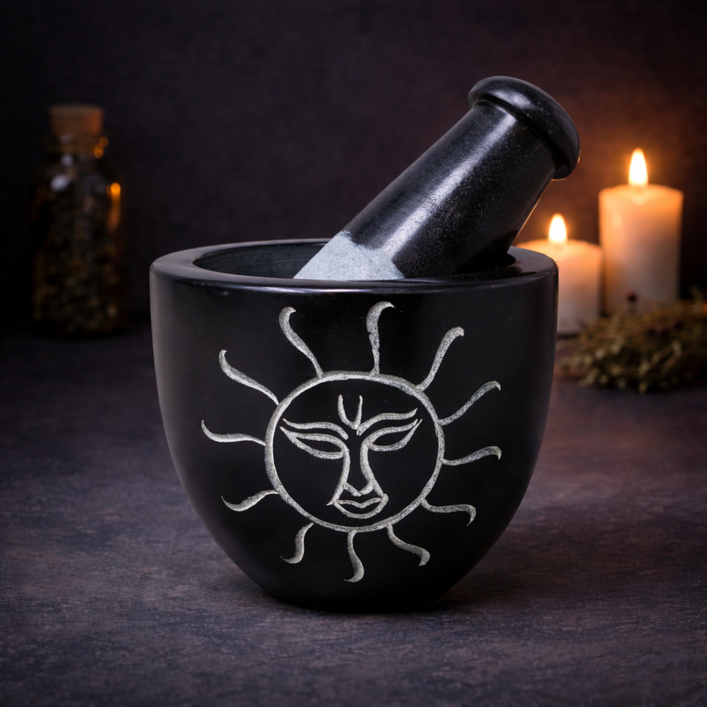 Sun Carved Black Soap Stone Mortar & Pestle