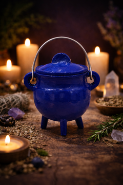 Blue Cast Iron Cauldron w/lid 3"H 2.75"D-1