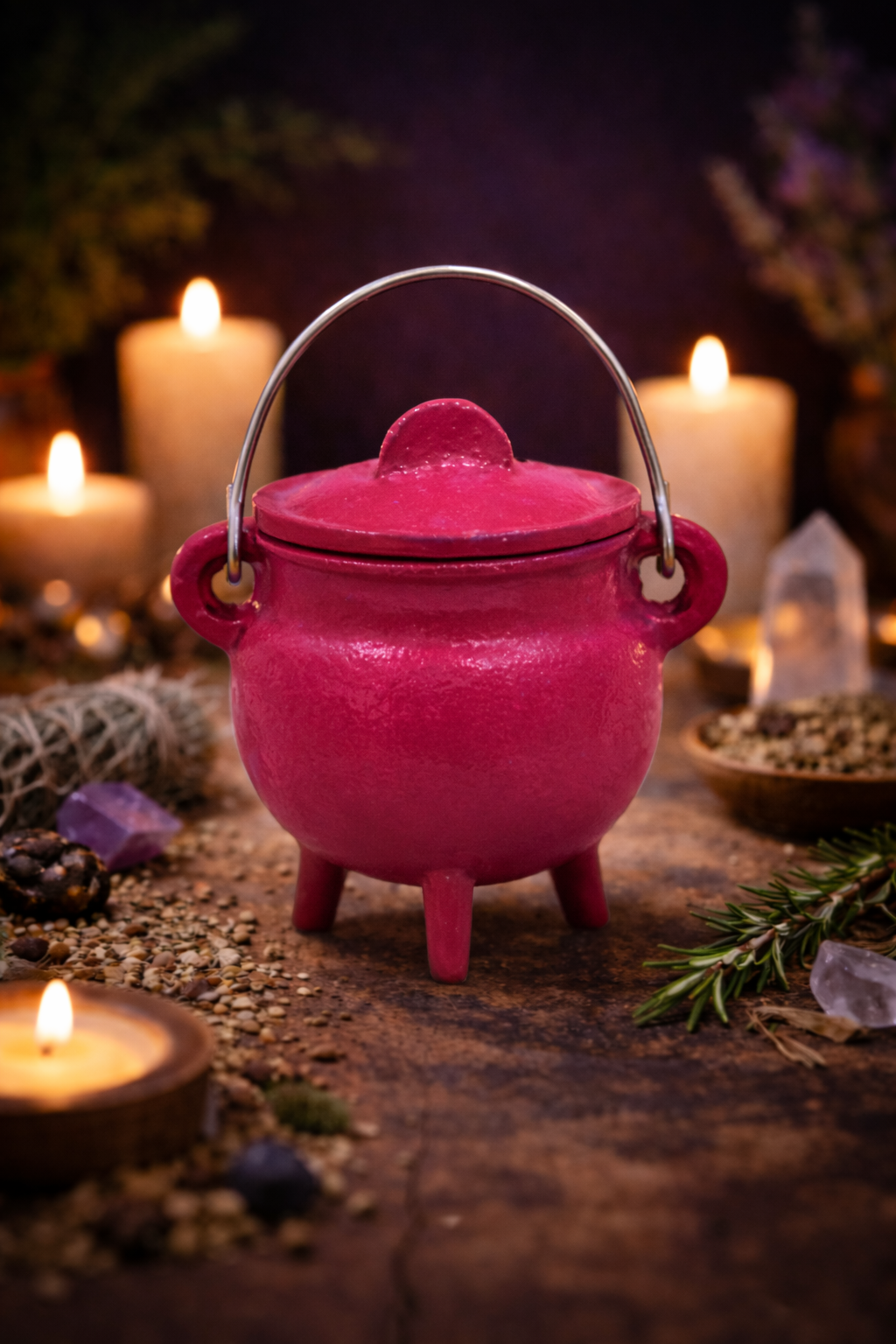 Pink Cast Iron Cauldron w/lid 3"H 2.75"D-1